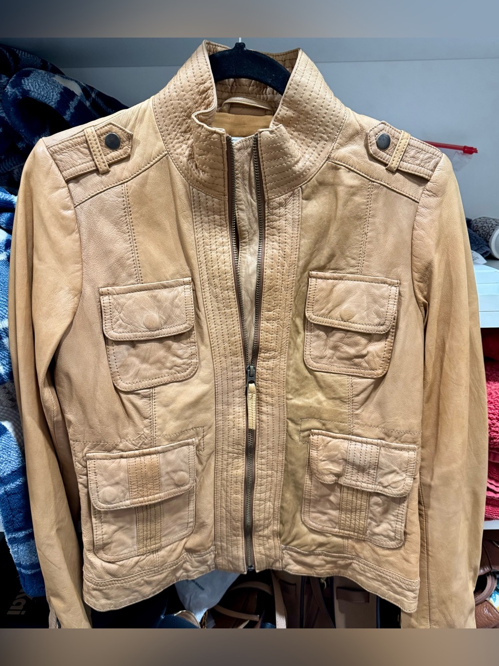 Lucky Brand Collection Lambskin Tan Leather Zip Front Jacket with Utility Pocket